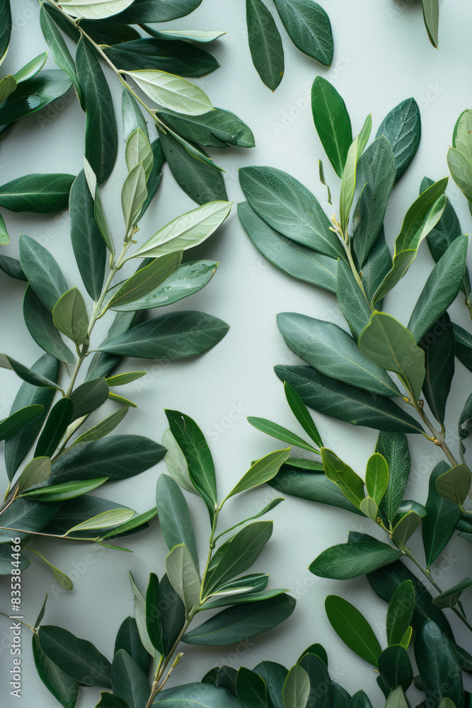 Aufkleber An artistic arrangement of multiple olive branches forming a circular pattern on a plain background,