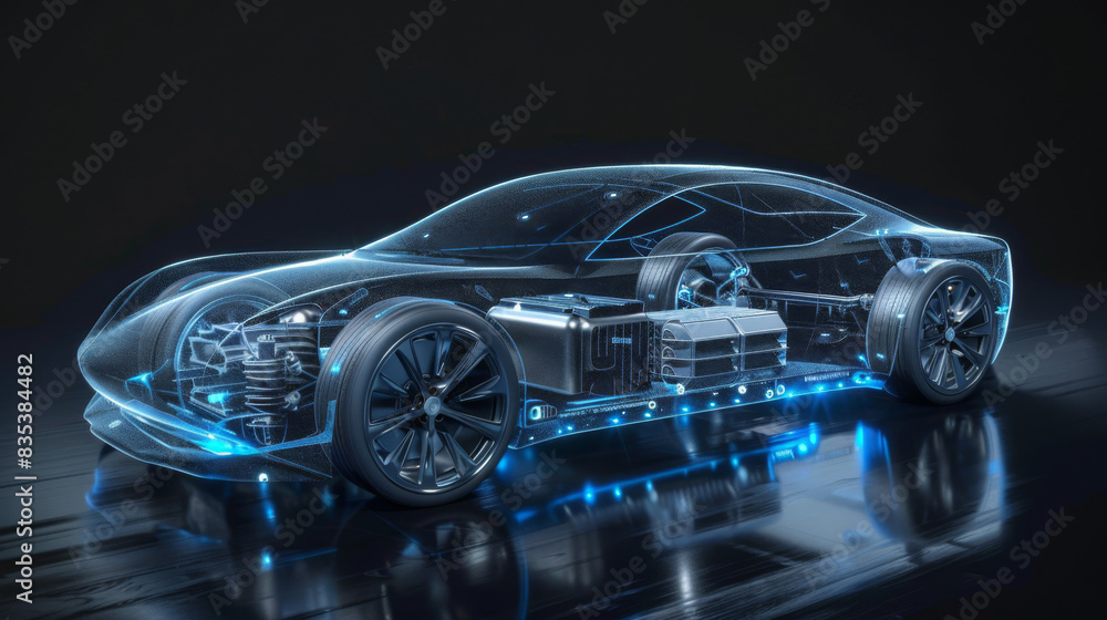 Poster holographic projection of a concept car with visible internal components against a dark backdrop