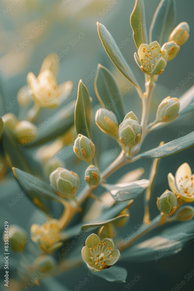 Aufkleber a macro shot of the tiny buds on an olive branch, with a soft-focus background,