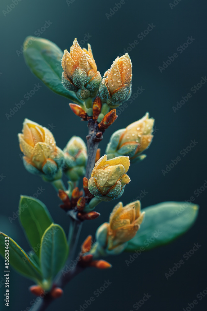 Aufkleber a macro shot of the tiny buds on an olive branch, with a soft-focus background,