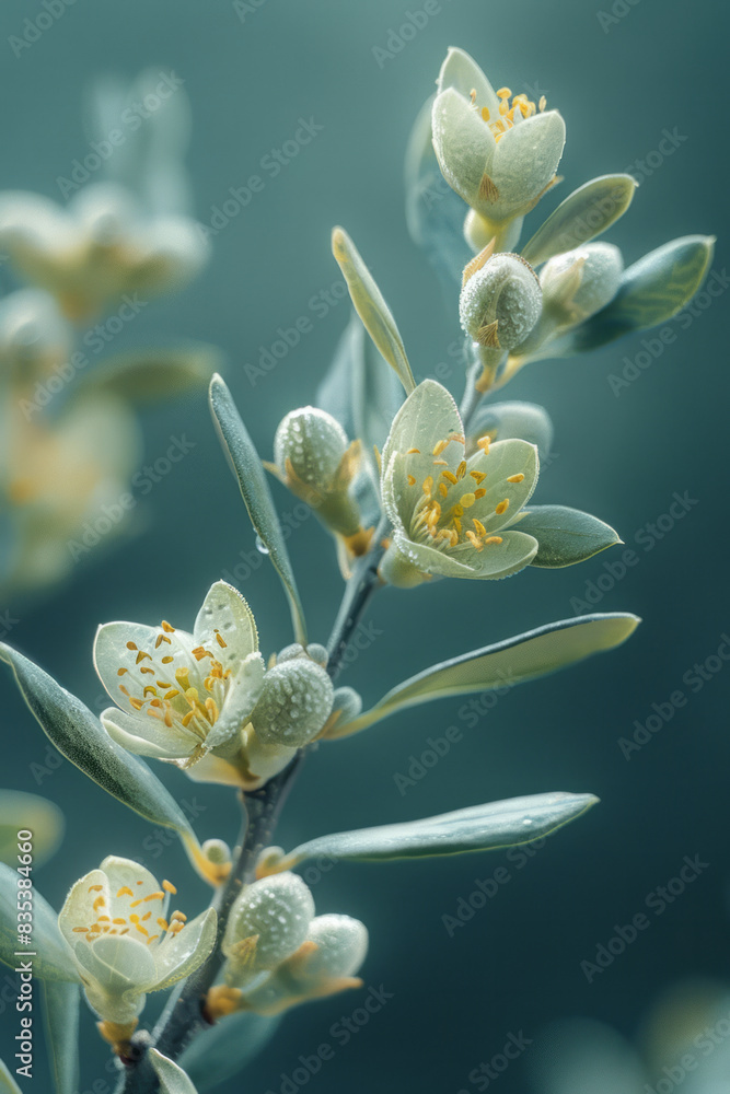 Aufkleber a macro shot of the tiny buds on an olive branch, with a soft-focus background,