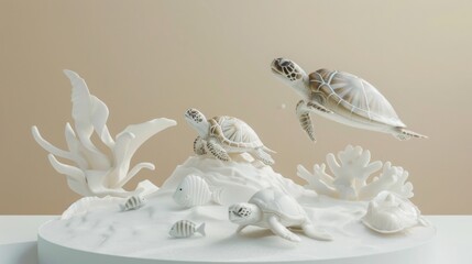 A collection of intricately designed ceramic sea turtles and coral arranged on a white base, beautifully illuminated by soft lighting.