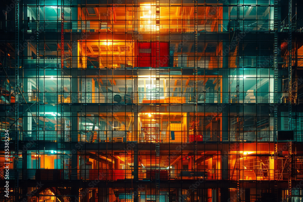 Aufkleber an animation of a building being constructed floor by floor, symbolizing the steady growth of a busi