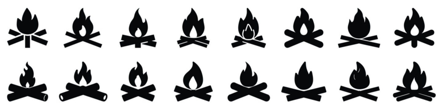 Bonfire Silhouette Set - Collection of 16 Unique Campfire Icons