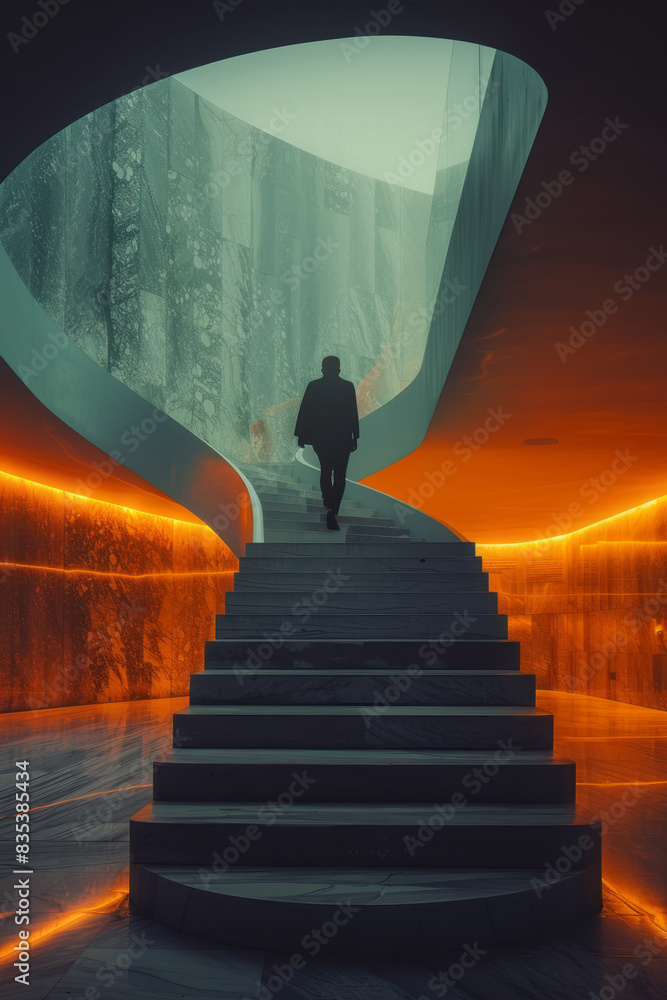 Aufkleber A visual of a staircase with a character taking bigger steps as they progress, symbolizing accelerating growth,