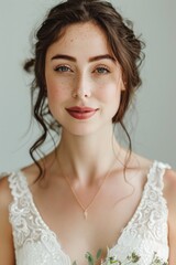 Close-up portrait of a Caucasian bride with dark hair and freckles, wearing a lace dress, looking softly towards the camera.