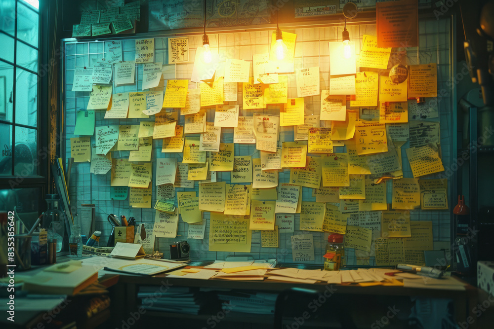 Aufkleber A visual of sticky notes being placed and rearranged on a board, illustrating the process of organizing and prioritizing ideas,