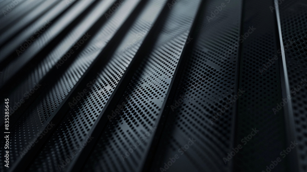 Aufkleber close-up of a dark perforated metal surface with linear shadows and textures