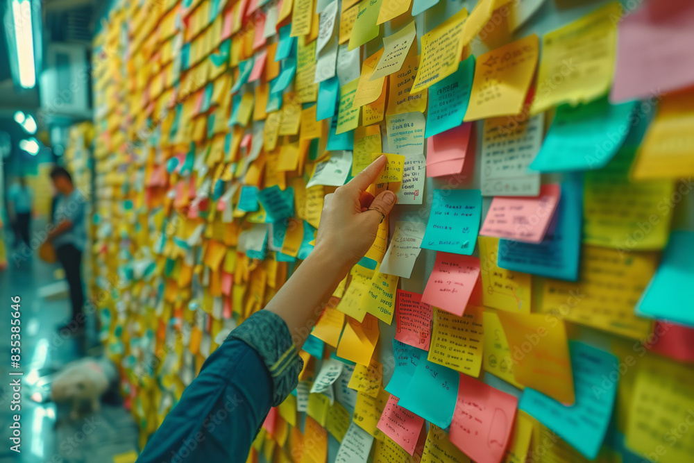 Aufkleber A visual of sticky notes being placed and rearranged on a board, illustrating the process of organizing and prioritizing ideas,