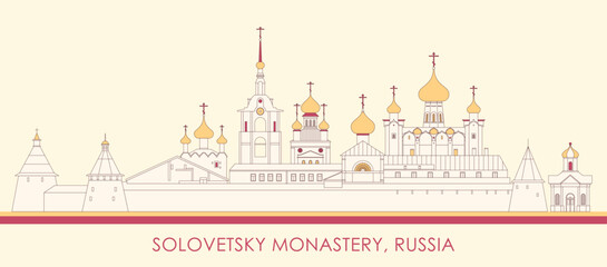 Cartoon panorama of Solovetsky Monastery, Russia - vector illustration