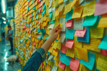 A visual of sticky notes being placed and rearranged on a board, illustrating the process of organizing and prioritizing ideas,