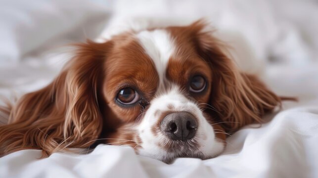Adorable dog lounging on white material indoors in a close up shot Affectionate animal