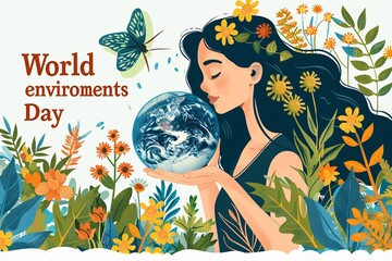 Flat vector illustration of a woman holding the Earth planet with flowers and leaves, designed for World Environment Day