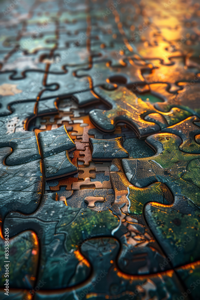 Poster an animation of a jigsaw puzzle with each piece representing a different strategic element being pla