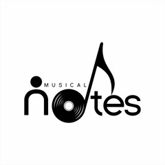 Fototapeta premium Musical notes text logo design with human, vinyl record and eighth note symbols.