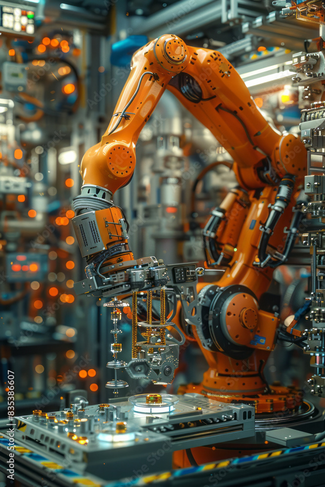 Poster an animation of a robotic arm assembling products on a high-tech manufacturing line,