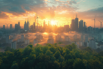 A futuristic cityscape powered by renewable energy sources, with solar panels and wind turbines,