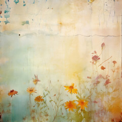 Romantic vintage style floral aged paper background. Delicate flowers on weathered grungy texture.