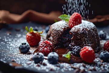 Decadent Chocolate Lava Cake with Molten Center, Fresh Berries, and Powdered Sugar - Perfect for Dessert Menus, Food Blogs, and Culinary Promotions