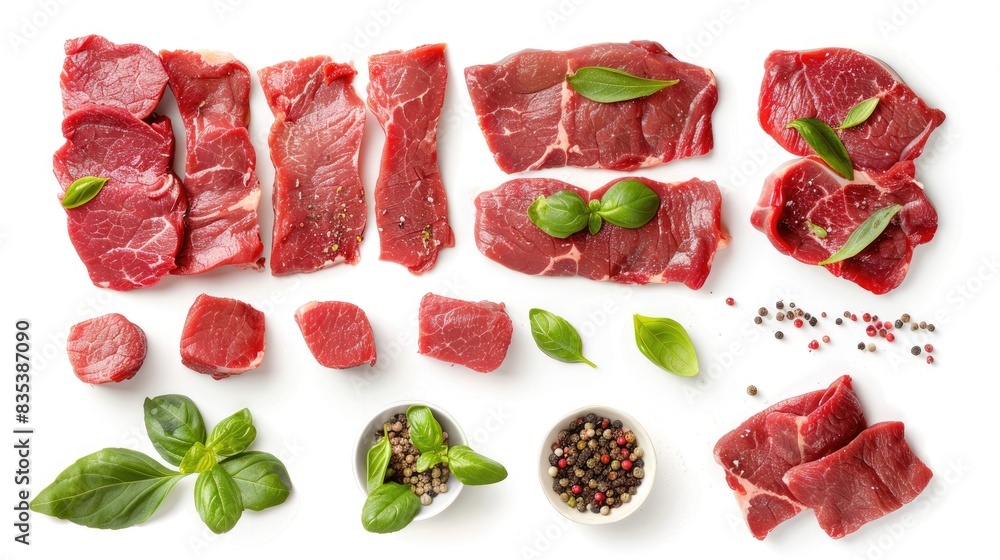 Poster raw beef slices and items isolated on white background viewed from the top