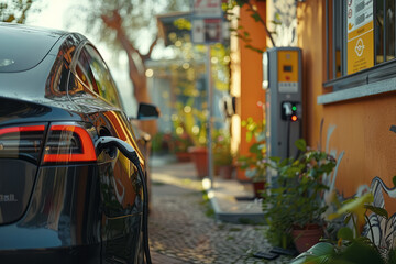 Obraz premium A visual of an electric vehicle charging station with several cars plugged in,