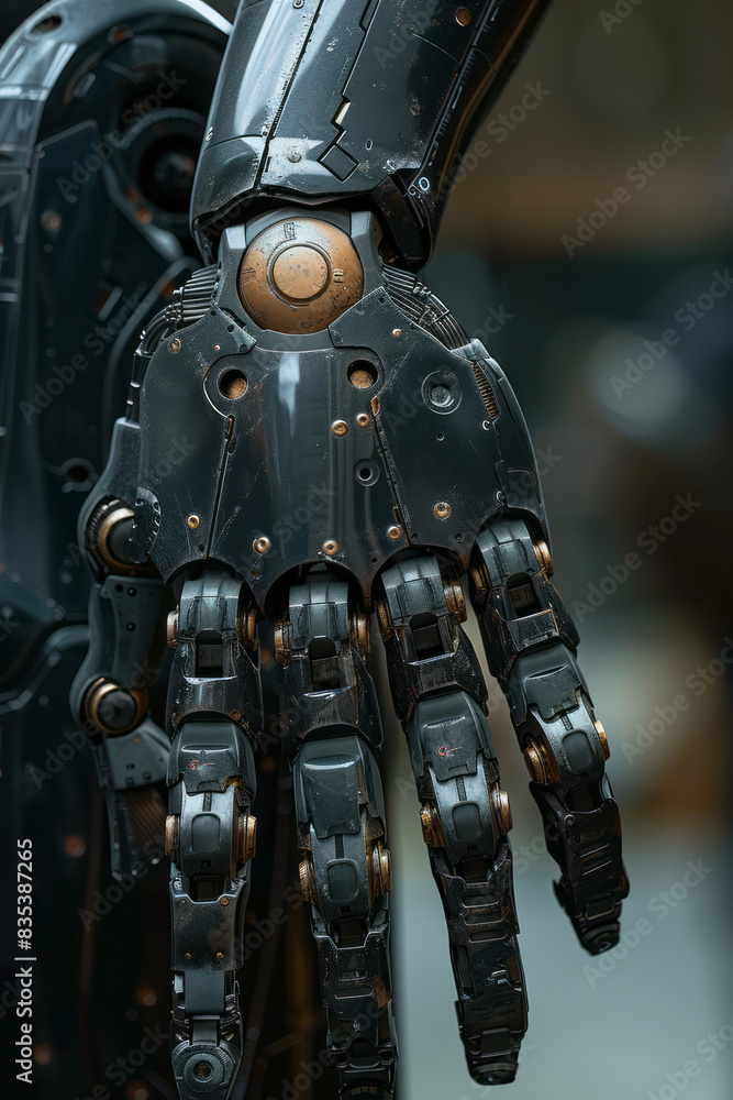 Poster an animation of an advanced prosthetic limb, demonstrating its functionality and user interaction,