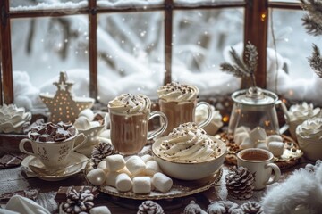 Cozy Winter Scene with Hot Chocolate and Toppings by a Snowy Window - Perfect for Holiday Cards, Posters, or Decor