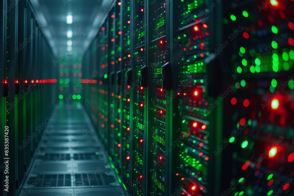 Poster a close-up of a data center with rows of servers, each connected to the cloud,