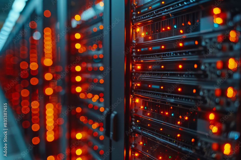 Poster a close-up of a data center with rows of servers, each connected to the cloud,