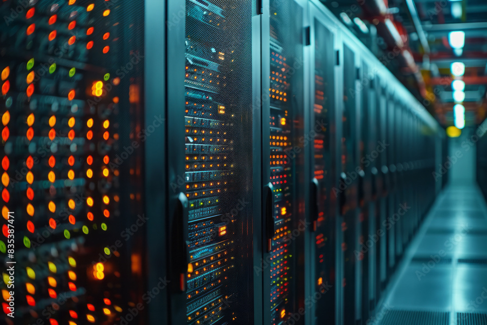 Poster a close-up of a data center with rows of servers, each connected to the cloud,