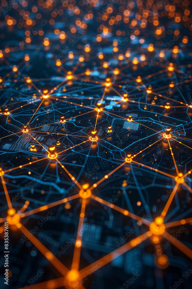 Poster an illustration of a business network with multiple branches connected via cloud services,