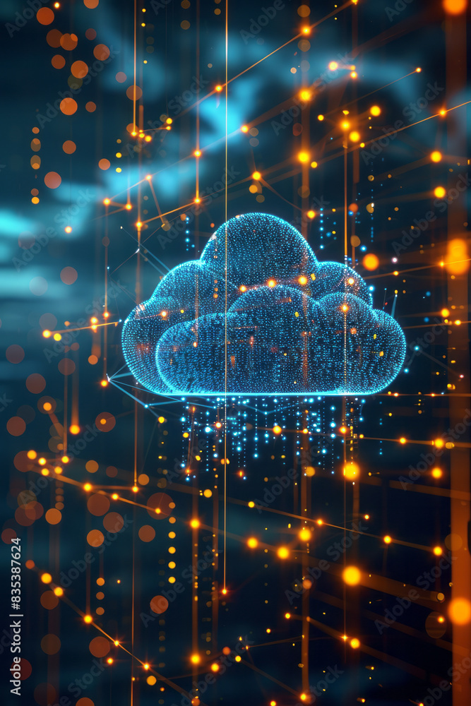 Poster an illustration of a business network with multiple branches connected via cloud services,