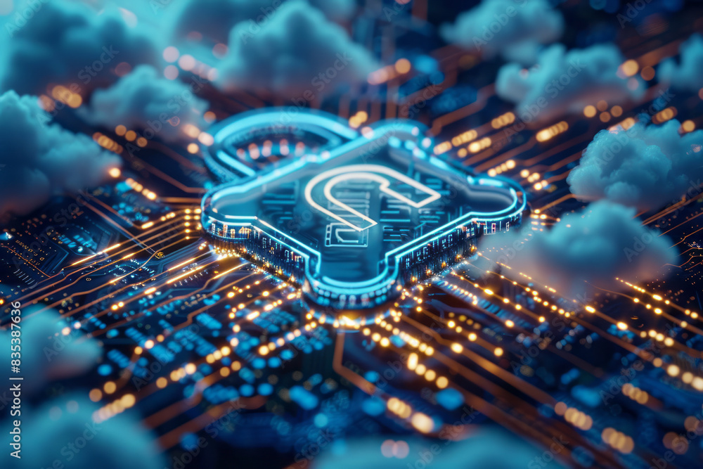 Poster a close-up of a secure lock icon overlaying a cloud, representing data encryption and security,