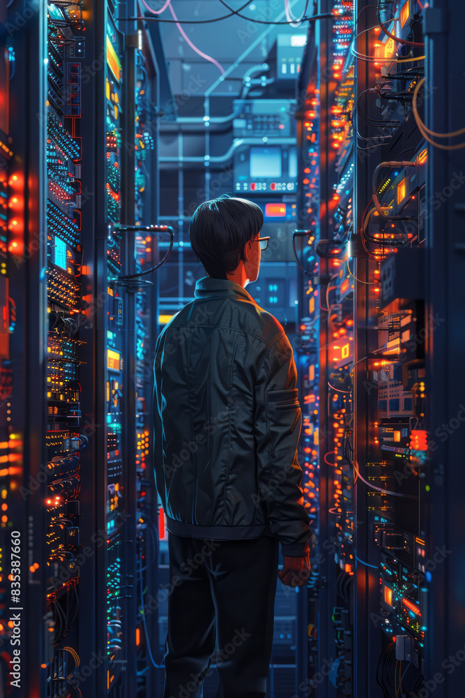 Aufkleber an animation of a network engineer configuring cloud-based firewalls and security settings,