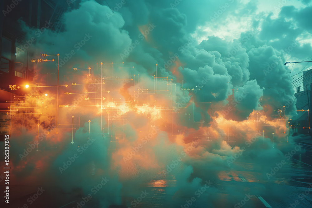 Poster a visual of a hybrid cloud setup, with arrows indicating data flow between private and public clouds