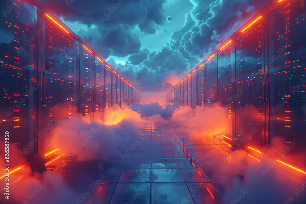 Poster an animation of disaster recovery in the cloud, with data being restored to multiple devices,