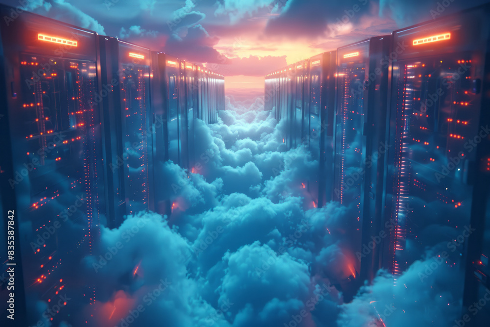 Poster an animation of disaster recovery in the cloud, with data being restored to multiple devices,