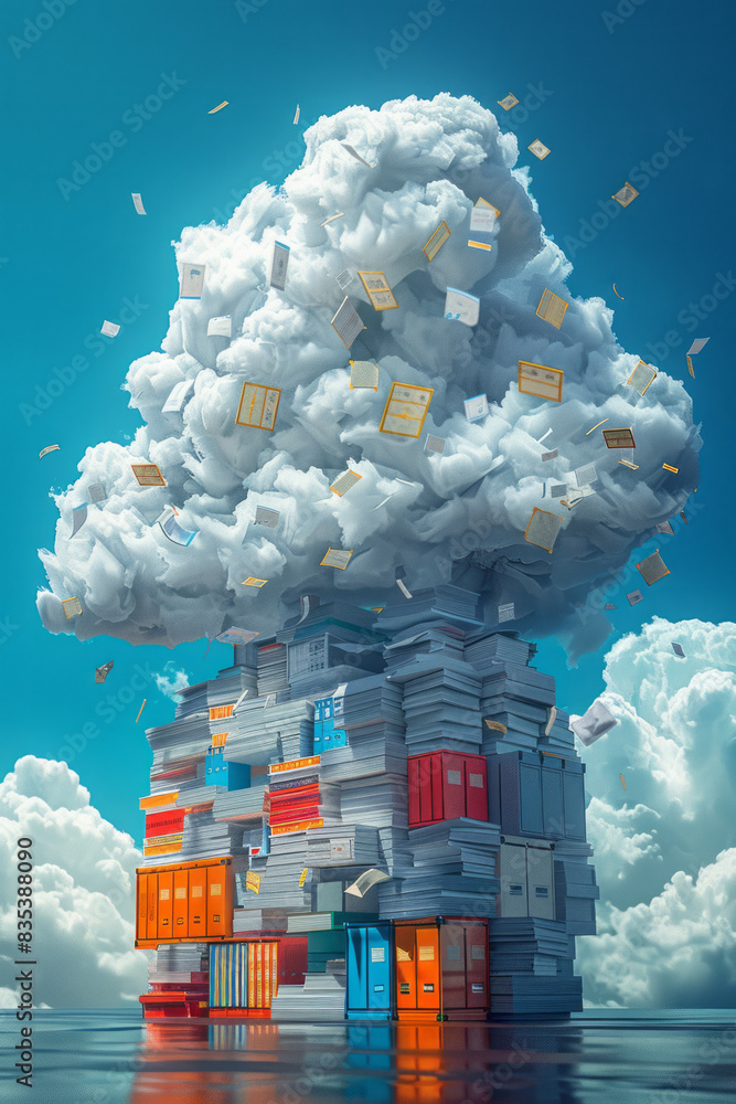 Poster a visual of a cloud storage solution with different file types being uploaded and organized,