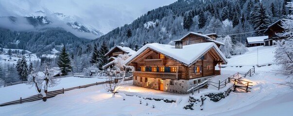 Luxurious mountain chalet in snowy landscape.