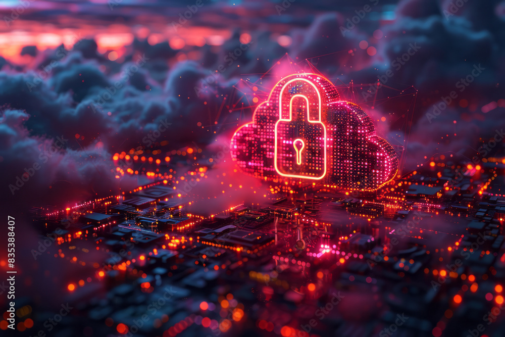 Poster an animation of a digital lock securing a cloud, symbolizing data encryption,