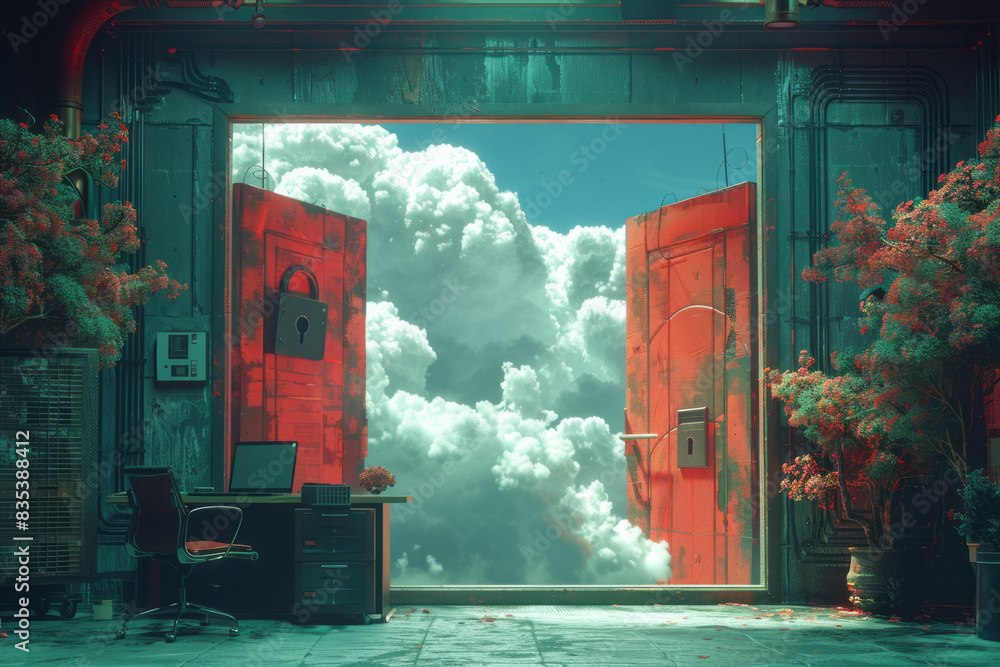 Poster an animation of a digital lock securing a cloud, symbolizing data encryption,