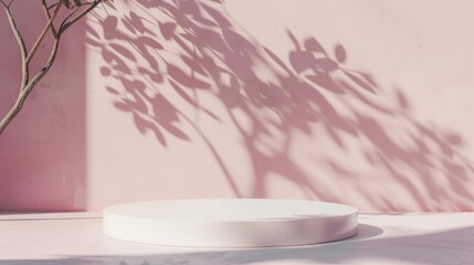 Soft shadows of tree branches fall against a pastel pink wall while a round white platform sits in the foreground during the afternoon.
