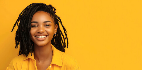 young smiling black woman dreadlocks jumpsuit skin care beauty skincare cosmetics yellow background copy space 