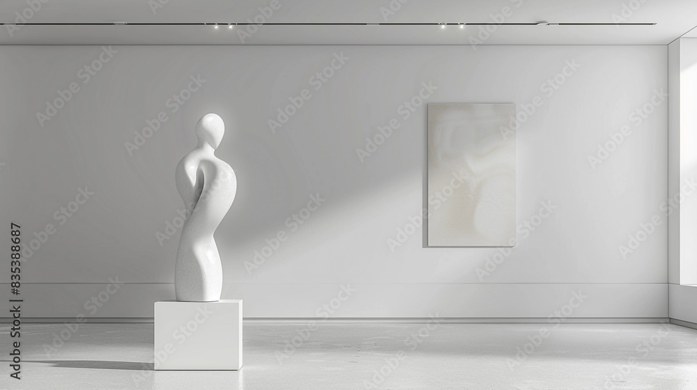 Wall mural Contemporary Avant Art Gallery mockup showcasing modern figurative sculptures in a clean, minimalist environment, emphasizing form, texture, and innovative design,