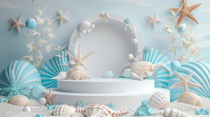 Seashells, starfish, and marine elements creatively arranged on a white pedestal against a light blue background.