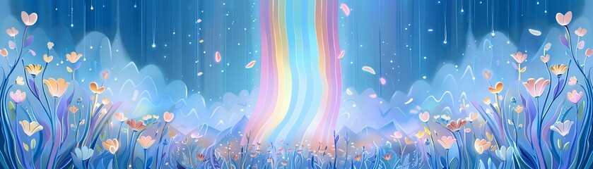 Fototapeta premium Concert celebration with a rainbow flag, illuminated stage, vibrant crowd, energetic atmosphere, digital art
