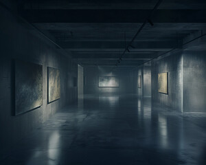 Contemporary Avant Art Gallery mockup showcasing digital shadow art in a tech-forward, dark environment, creating a captivating interplay of light and shadow,