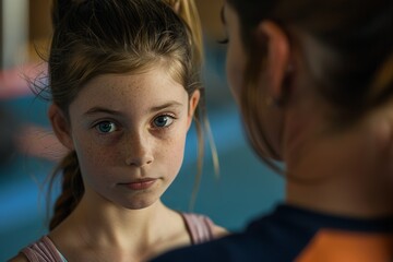 Fototapeta premium Young Gymnast Training with Coach in Gymnasium - Focused Interaction for Athletic Development and Mentorship