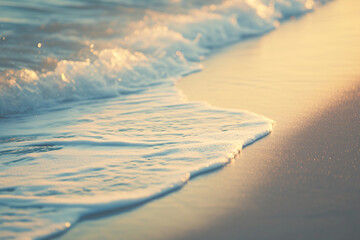 Gentle waves on sandy shore at sunset in warm golden light with soft foam touching the wet sand