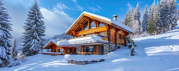 Luxurious mountain chalet in snowy landscape.
